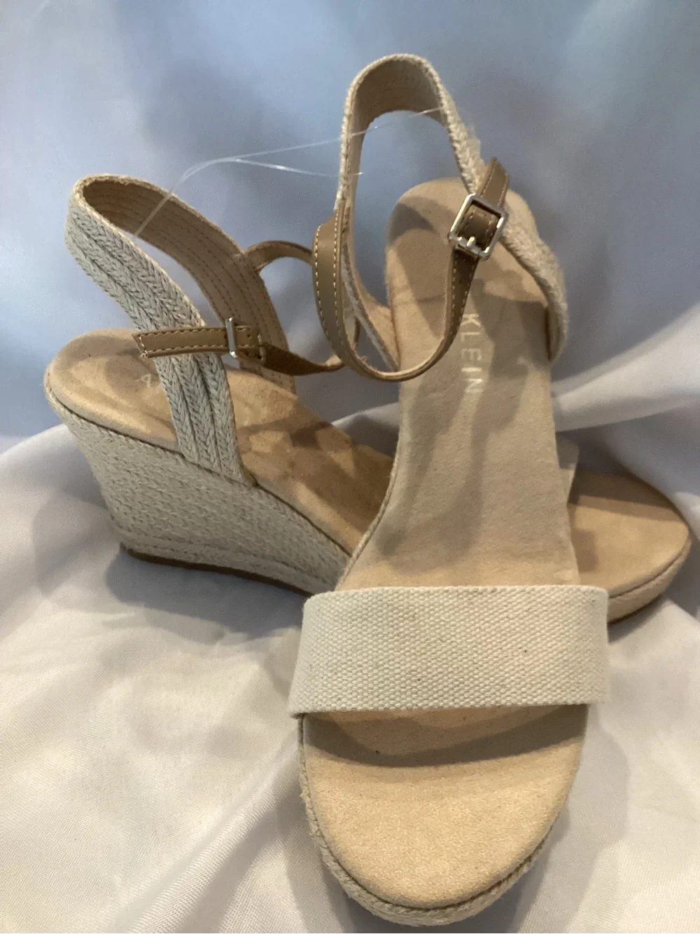 Anne Klein Cream and Tan Canvas Espadrille Wedge Sandals